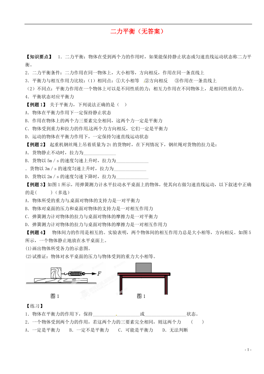 江蘇省大豐市萬盈二中2013屆中考物理總復(fù)習(xí) 二力平衡（無答案）_第1頁