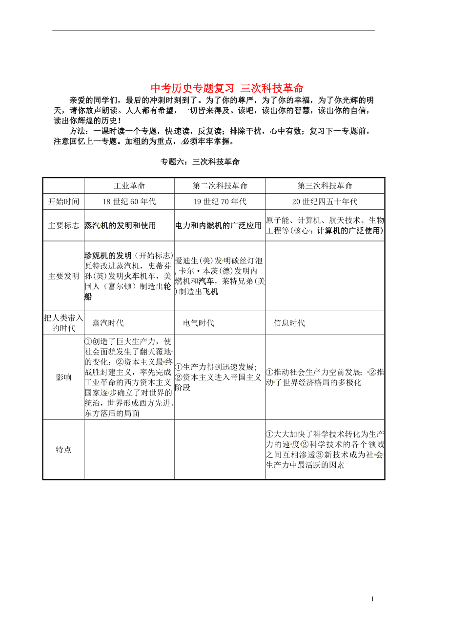 湖北省荊門市鐘祥市蘭臺中學中考歷史專題復習 三次科技革命 新人教版_第1頁