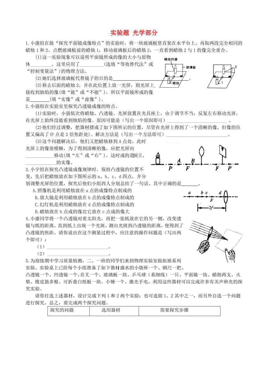 2015屆初中物理 實驗題 光學(xué)部分_第1頁