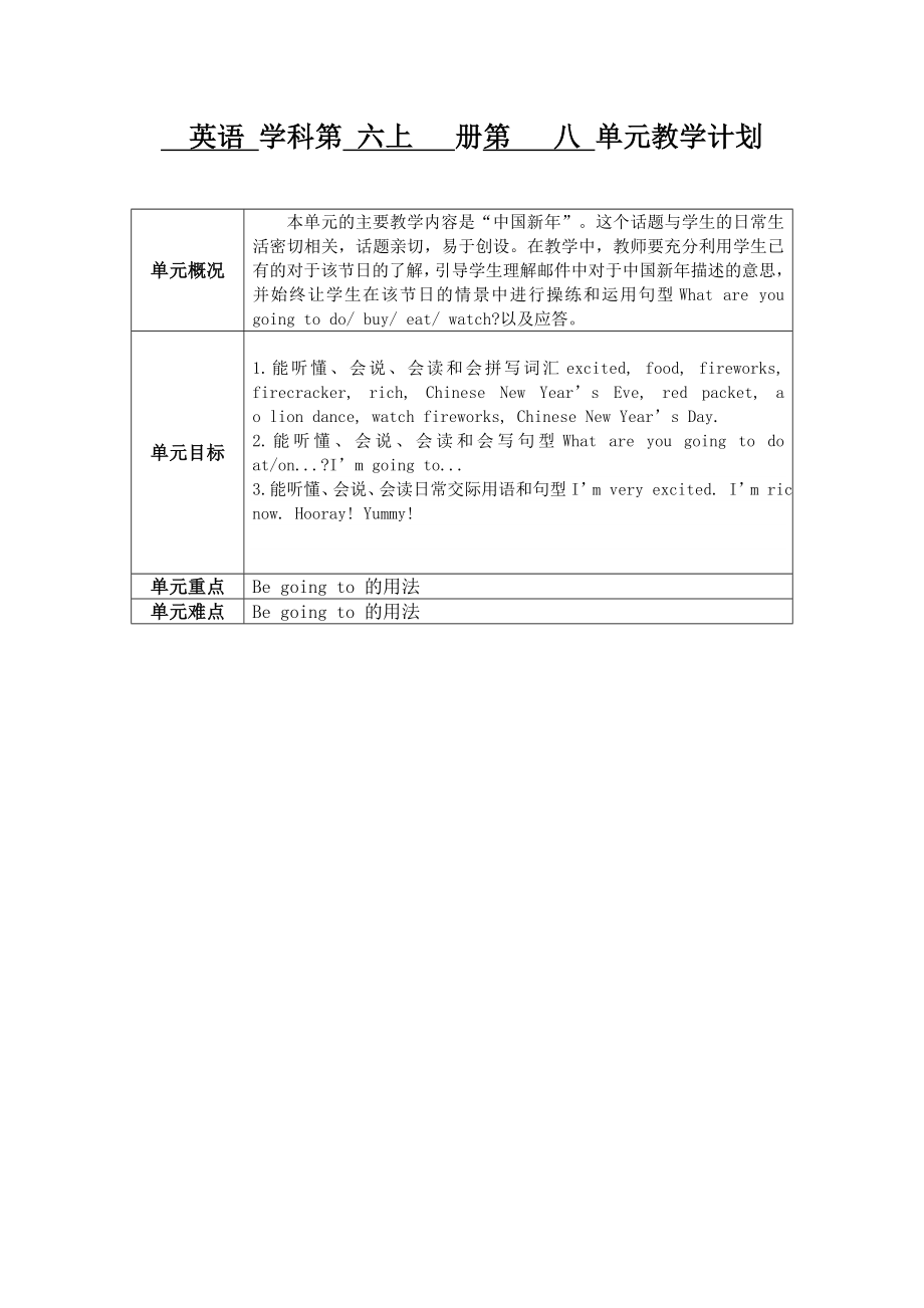 英語 學科第 六上 冊第 八 單元教學計劃_第1頁