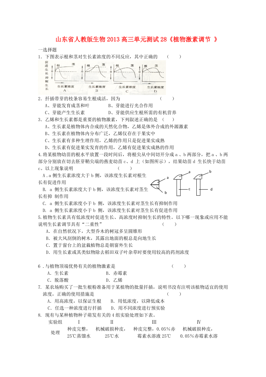 山東省2013高三生物 單元測試28《植物激素調(diào)節(jié)2》新人教版_第1頁