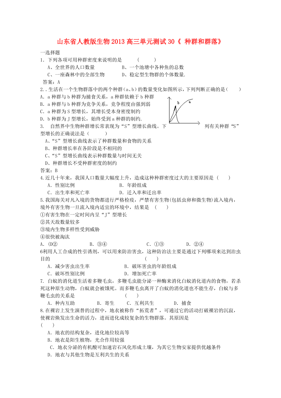 山東省2013高三生物 單元測(cè)試30《種群和群落2》新人教版_第1頁(yè)