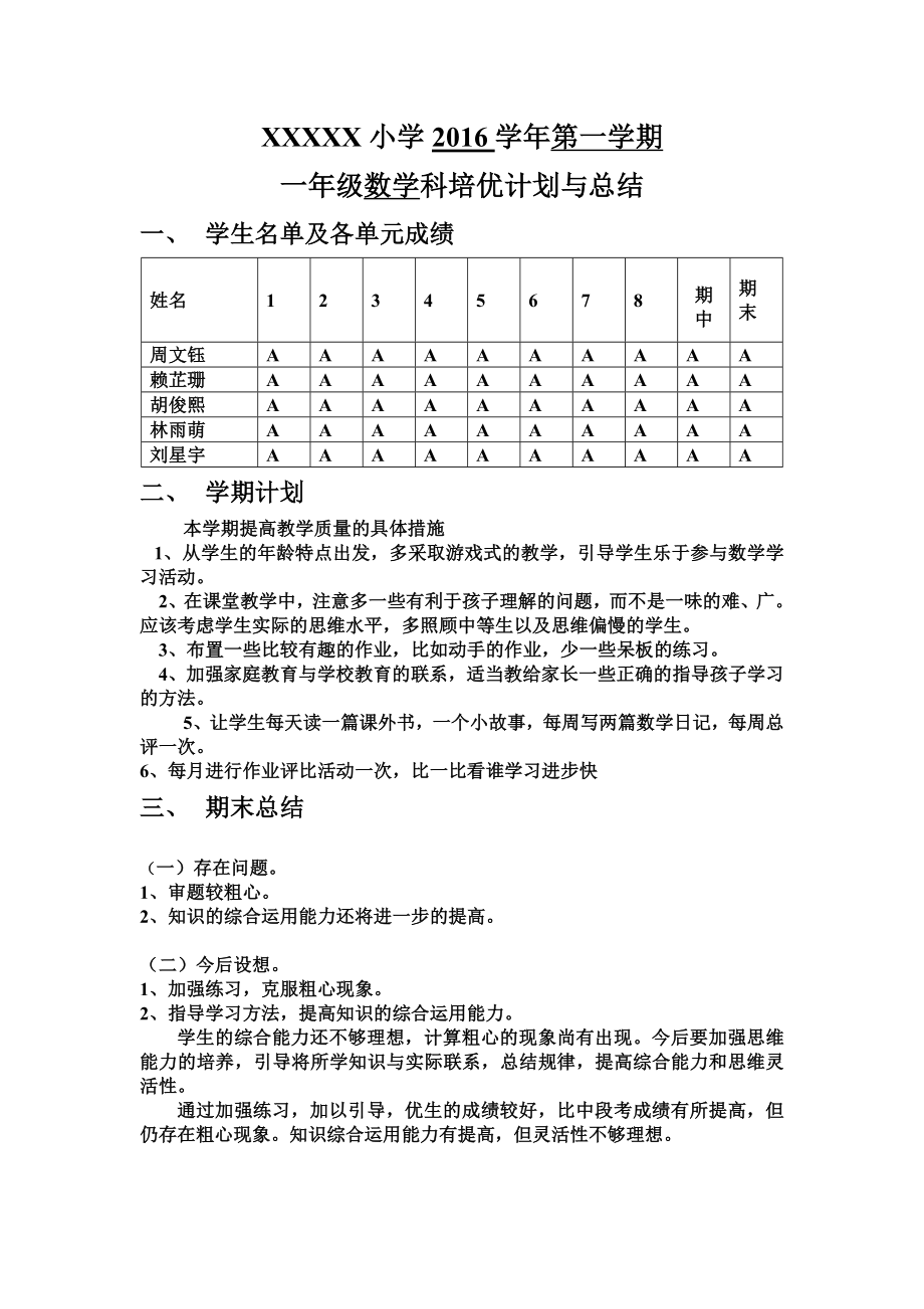 一年级培优计划和总结_第1页