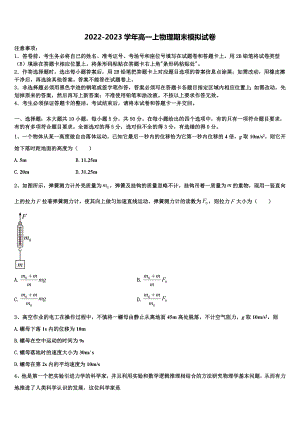 上海市同济中学2022-2023学年物理高一第一学期期末质量检测模拟试题含解析