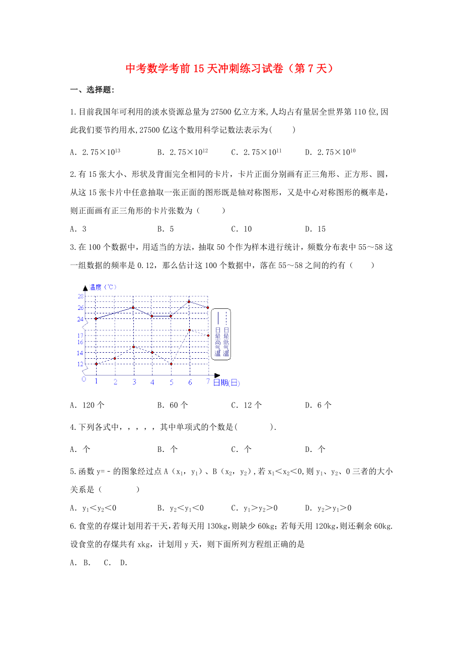 中考数学考前15天冲刺练习试卷（第7天）_第1页