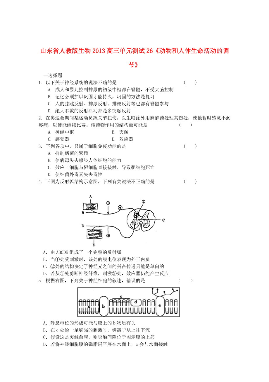 山東省2013高三生物 單元測試26《動物和人體生命活動的調(diào)節(jié)2》新人教版_第1頁