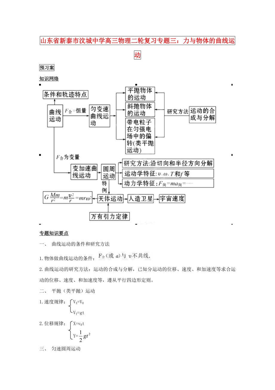 山東省新泰市汶城中學(xué)高三物理二輪復(fù)習(xí) 專題三 力與物體的曲線運(yùn)動(dòng)_第1頁