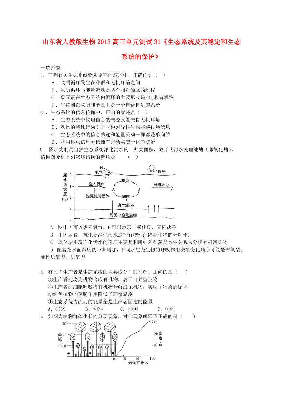 山東省2013高三生物 單元測試31《生態(tài)系統(tǒng)及其穩(wěn)定和生態(tài)系統(tǒng)的保護1》新人教版_第1頁