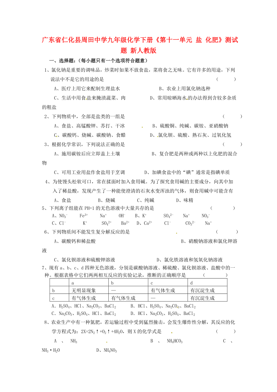 廣東省仁化縣周田中學(xué)九年級化學(xué)下冊《第十一單元 鹽 化肥》測試題（無答案） 新人教版_第1頁