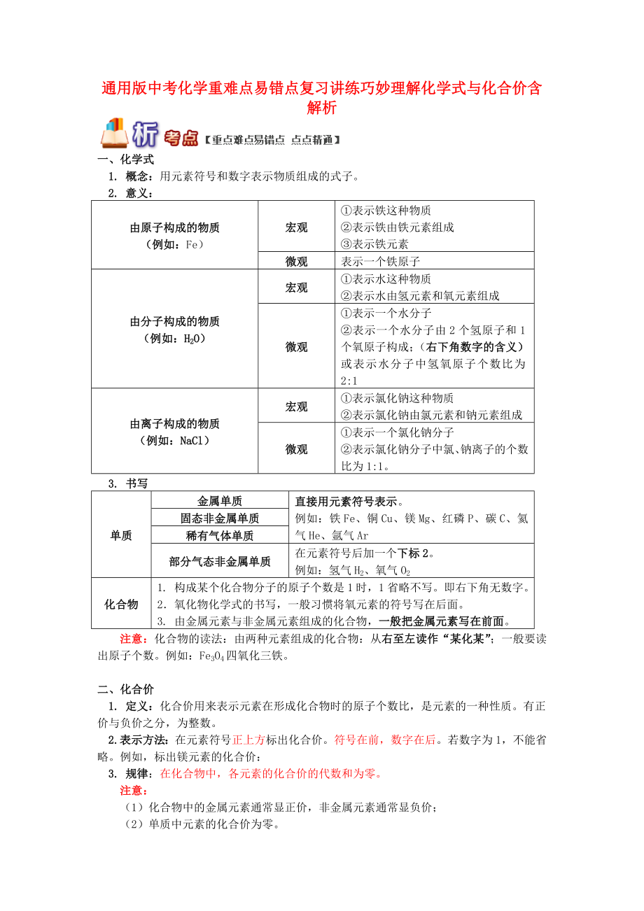 通用版中考化学重难点易错点复习讲练巧妙理解化学式与化合价含解析_第1页