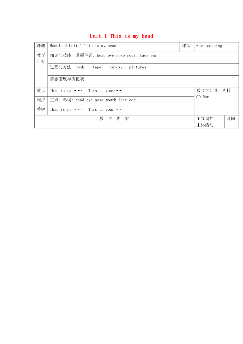 2015春一年级英语下册 Module 4 Unit 1 This is my head教案 外研版（一起）_第1页