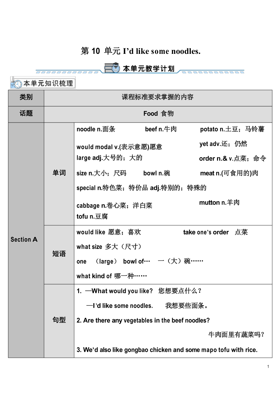 人教版初中七年级英语下册第十单元Unit 10 教案含教学反思_第1页