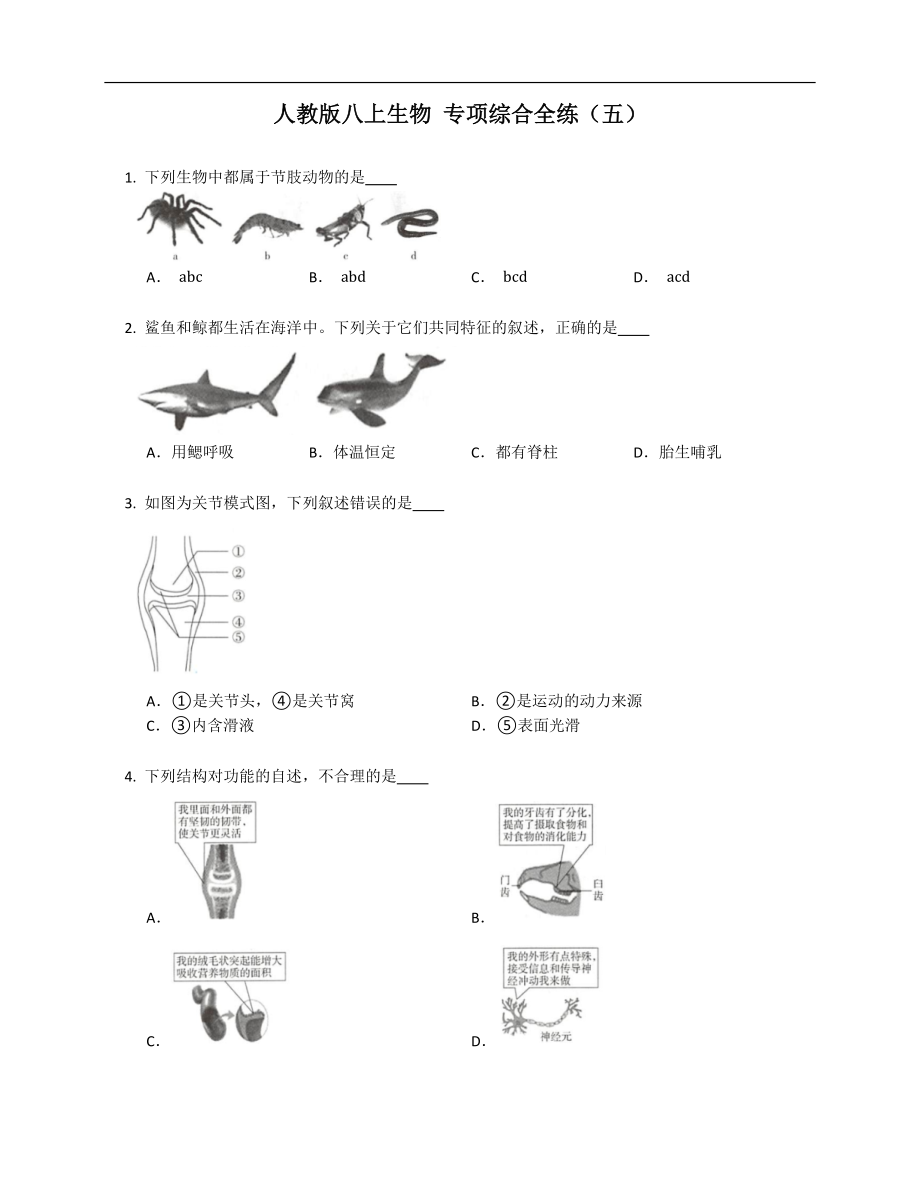 人教版八年级上学期生物 专项综合全练（五）_第1页