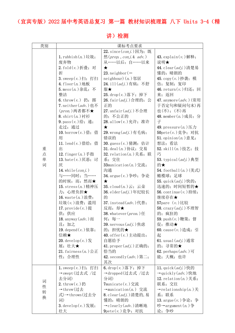 （宜宾专版）2022届中考英语总复习 第一篇 教材知识梳理篇 八下 Units 3-4（精讲）检测_第1页