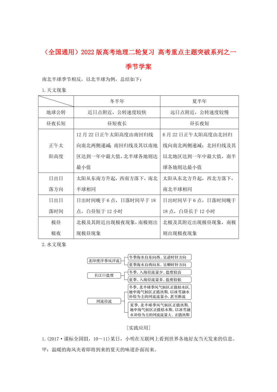 （全国通用）2022版高考地理二轮复习 高考重点主题突破系列之一 季节学案_第1页