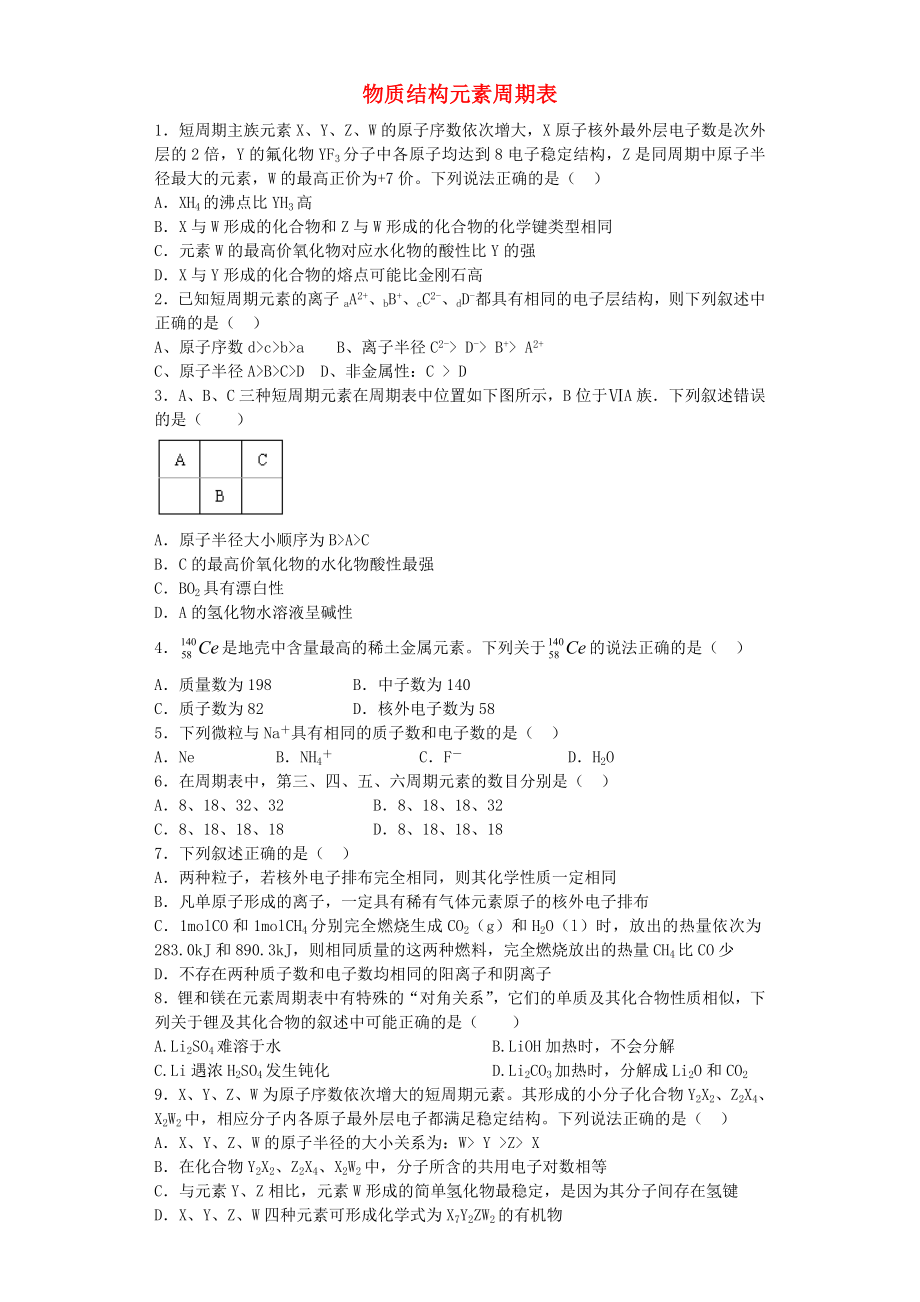 河南省信陽市二高2016屆高考化學復習 第一章 物質結構元素周期表提升訓練（含解析）新人教版必修2_第1頁