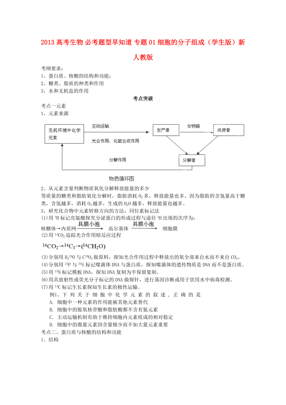 2013高考生物 必考題型早知道 專題01 細胞的分子組成（學生版）新人教版_第1頁