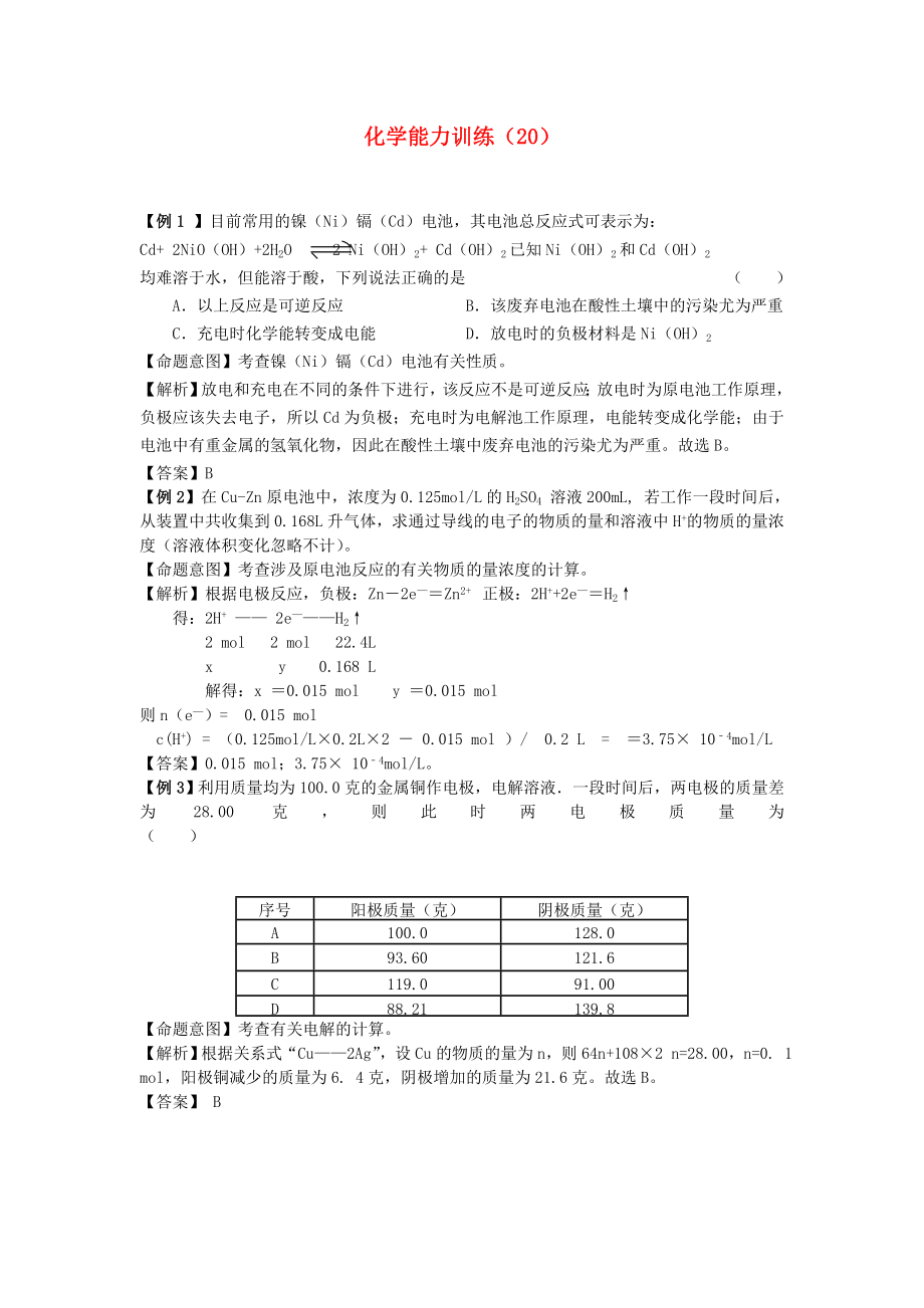 2012-2013學(xué)年高二化學(xué)第一學(xué)期 能力訓(xùn)練（20）_第1頁