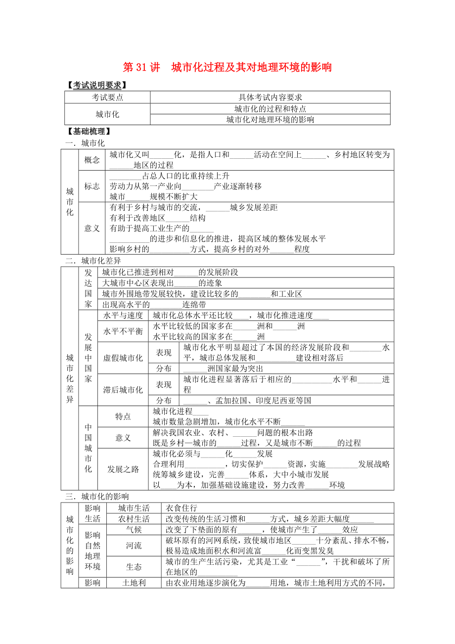 2014高考地理一輪全程復習方案 第31講 城市化過程及其對地理環(huán)境的影響 湘教版_第1頁