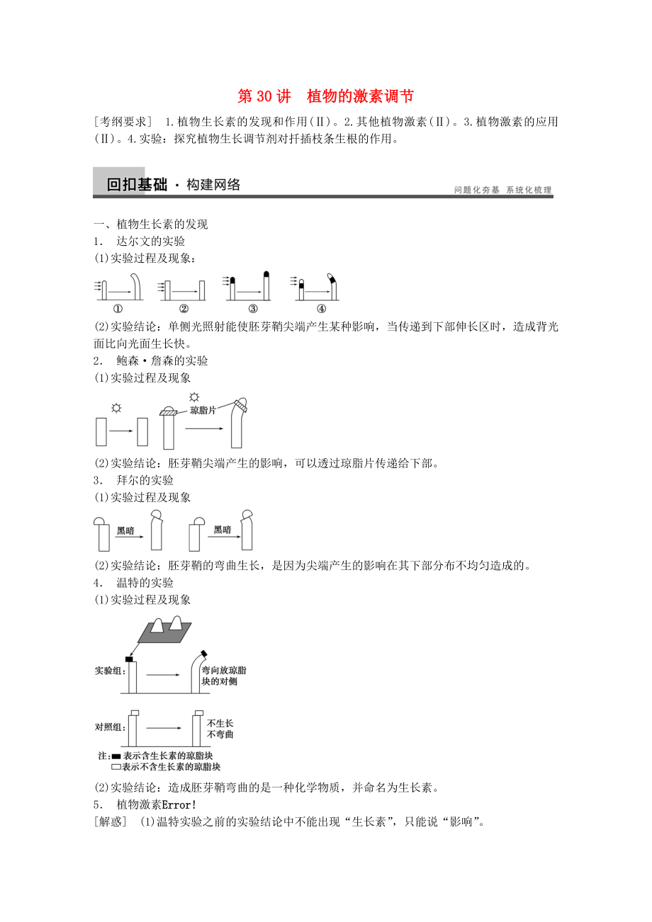 2014年高考生物大一輪復(fù)習 第八單元 第30講 植物的激素調(diào)節(jié)教案_第1頁