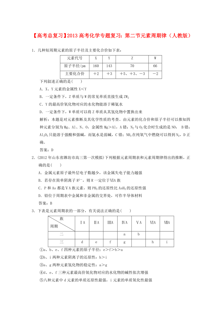 2013年高考化學(xué)總復(fù)習(xí) 第二節(jié) 元素周期律（含解析） 新人教版_第1頁(yè)