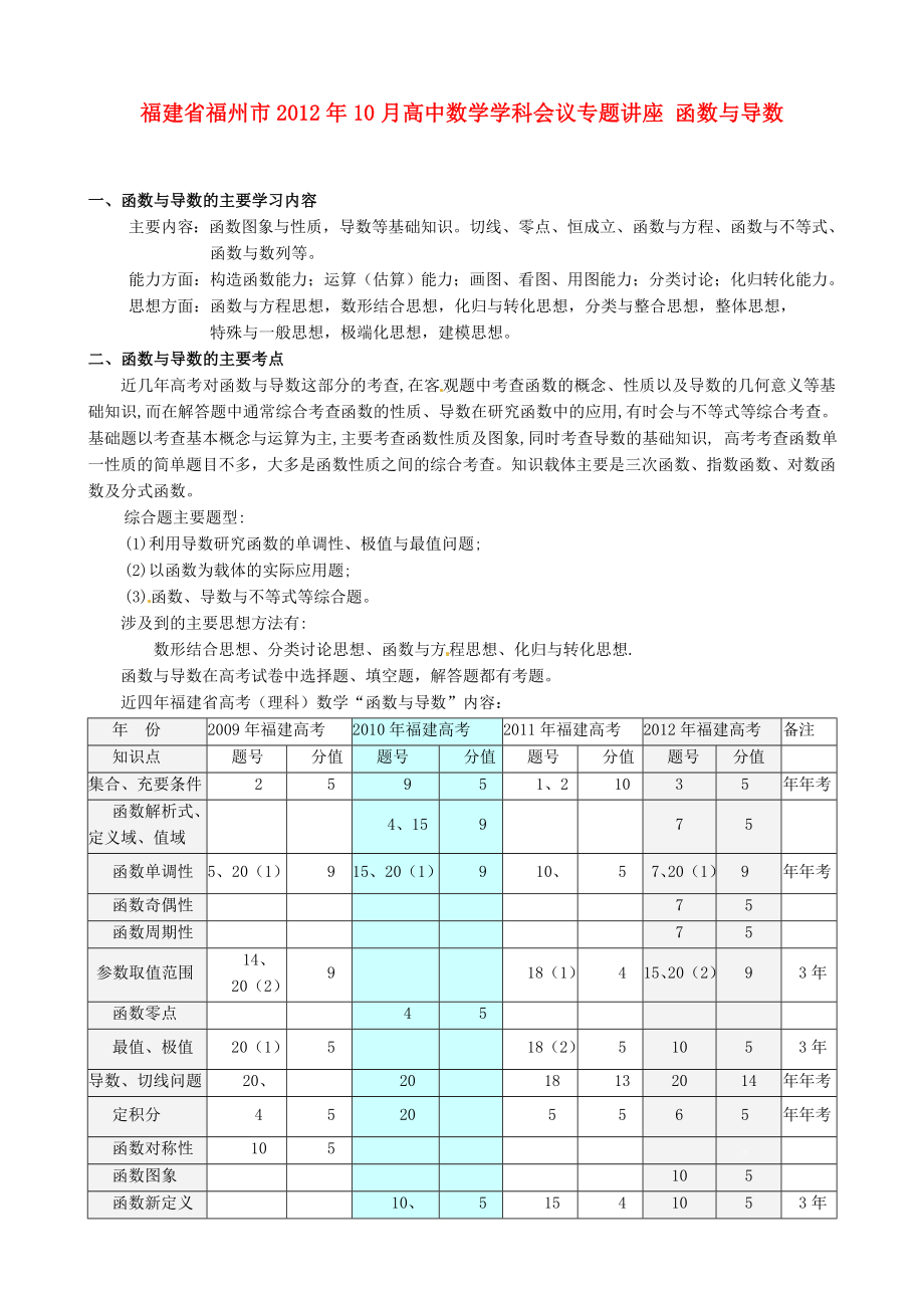 福建省福州市2012年10月高中數(shù)學(xué)學(xué)科會(huì)議專題講座 函數(shù)與導(dǎo)數(shù) 新人教版_第1頁(yè)