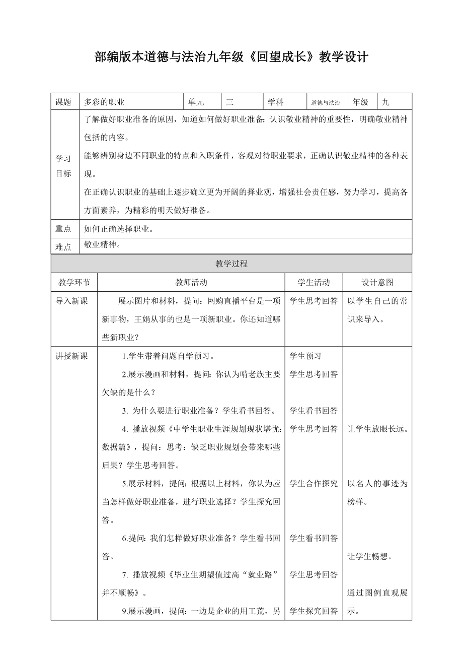 部編版本道德與法治九年級(jí)《回望成長》教學(xué)設(shè)計(jì)_第1頁