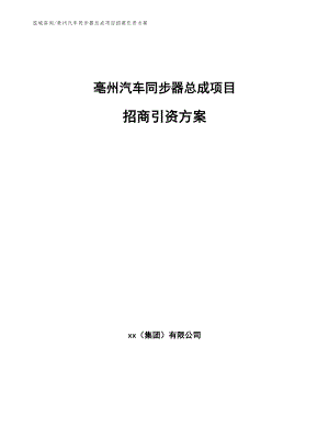 亳州汽车同步器总成项目招商引资方案【范文参考】