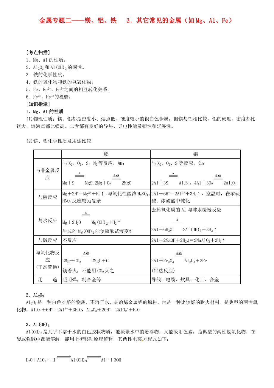 北京四中網(wǎng)校2013年高考化學(xué)一輪復(fù)習(xí) 金屬 專題二 鎂、鋁、鐵 3．其它常見的金屬（如Mg、Al、Fe）知識導(dǎo)學(xué)_第1頁