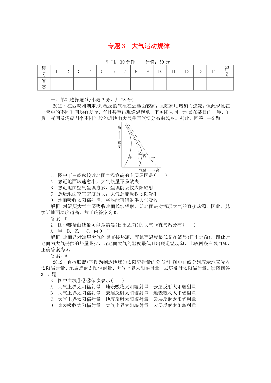 安徽省阜陽(yáng)市2013屆高三地理二輪測(cè)試 專(zhuān)題3 大氣運(yùn)動(dòng)規(guī)律_第1頁(yè)