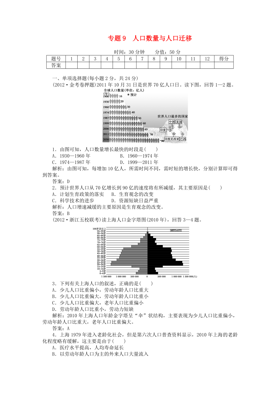 安徽省阜陽市2013屆高三地理二輪測試 專題9 人口數(shù)量與人口遷移_第1頁