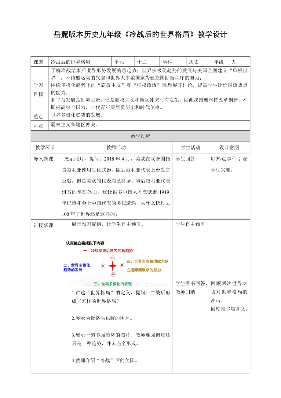 岳麓版本历史九年级《冷战后的世界格局》教学设计_第1页