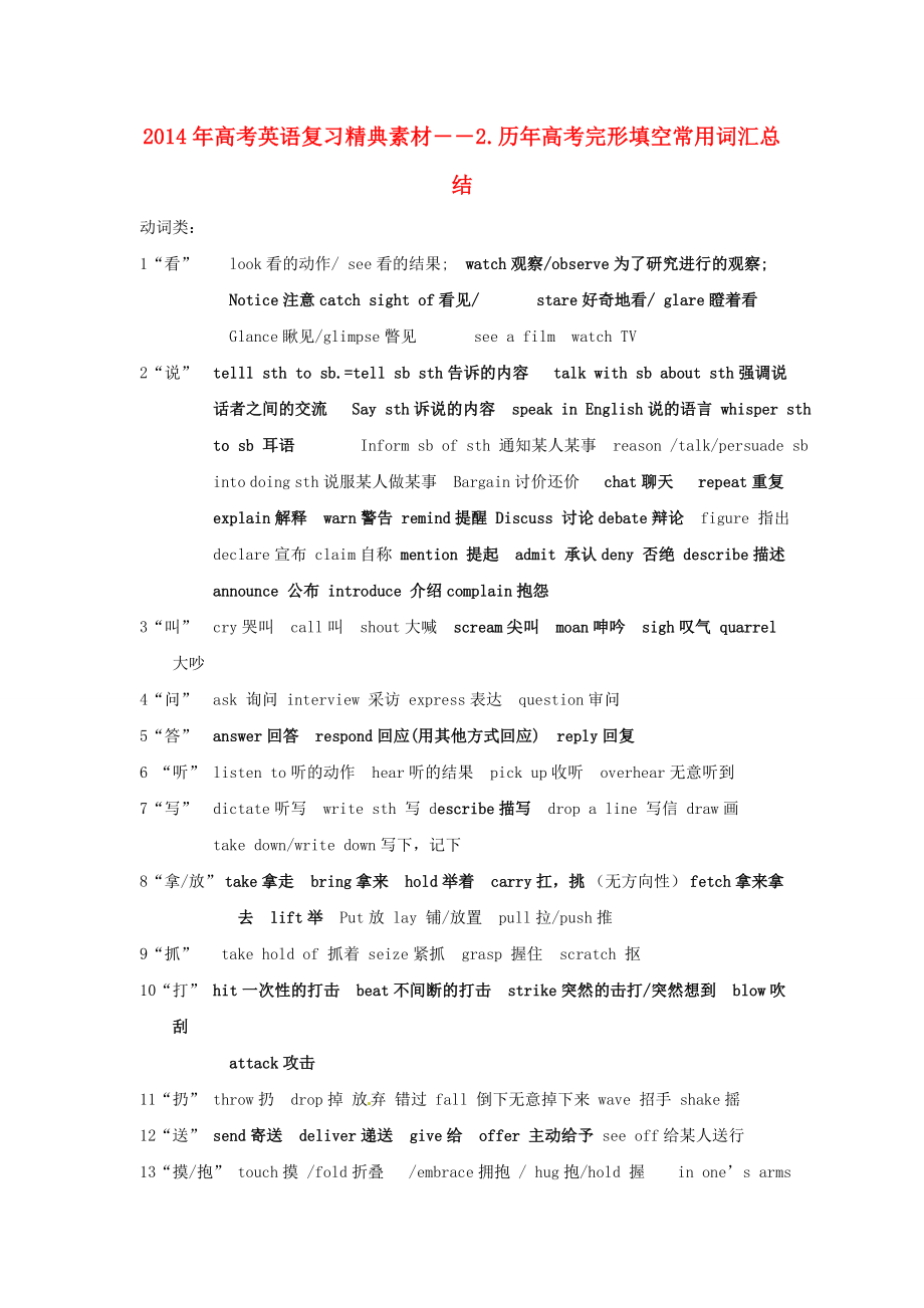 2014高考英语一轮复习 完型填空常用词汇总结经典方法_第1页