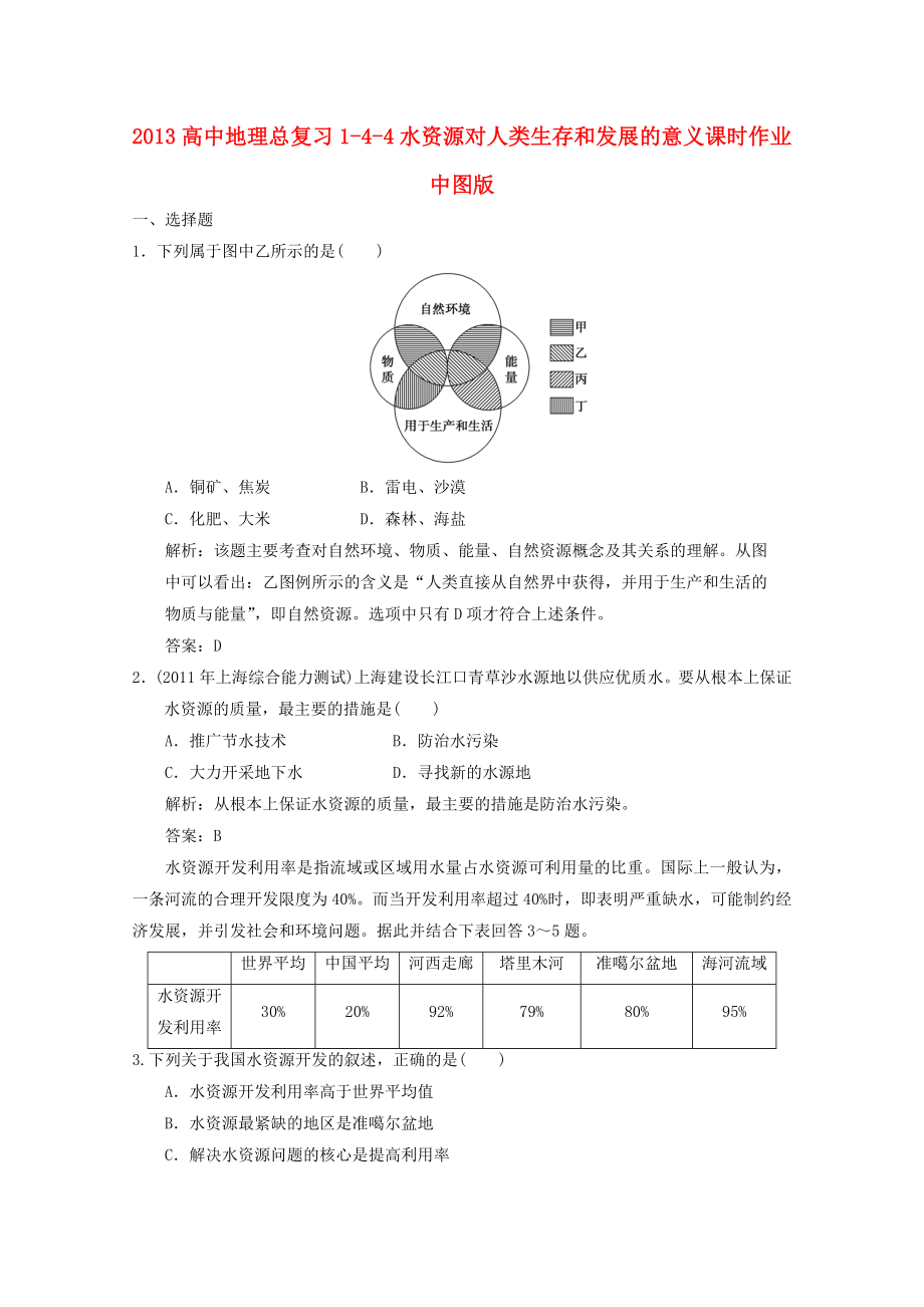 2013高中地理总复习 1-4-4 水资源对人类生存和发展的意义课时作业 中图版_第1页