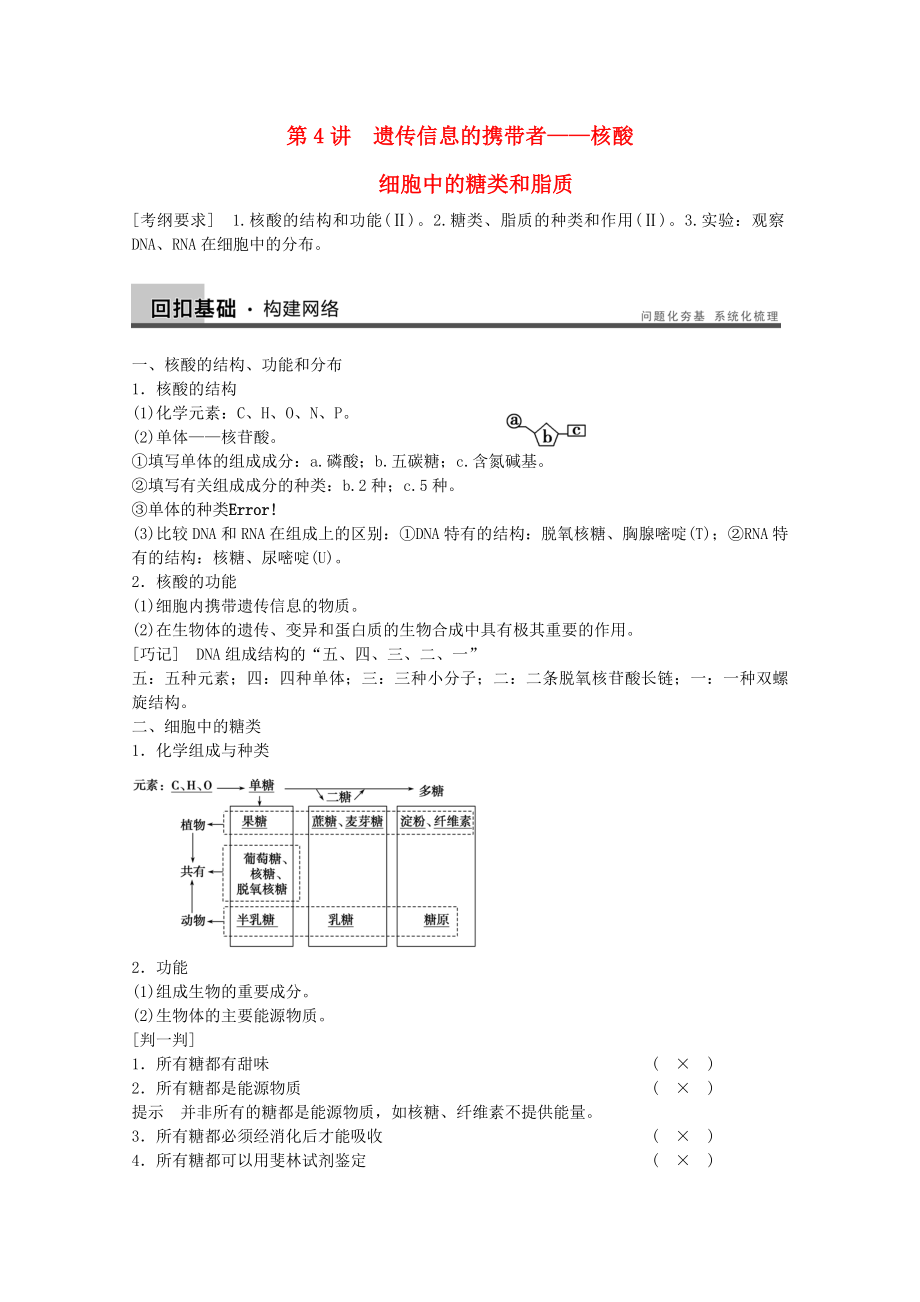 2014年高考生物大一輪復(fù)習(xí) 第一單元 第4講 遺傳信息的攜帶者 核酸 細(xì)胞中的糖類和脂質(zhì)教案_第1頁