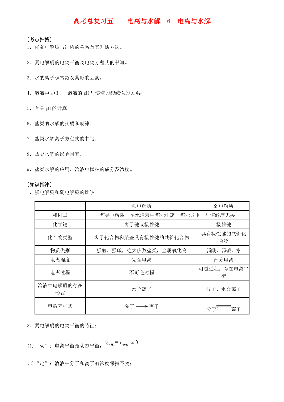 北京四中網(wǎng)校2013年高考化學(xué)一輪復(fù)習 高考總復(fù)習五 電離與水解 6．電離與水解知識導(dǎo)學(xué)_第1頁