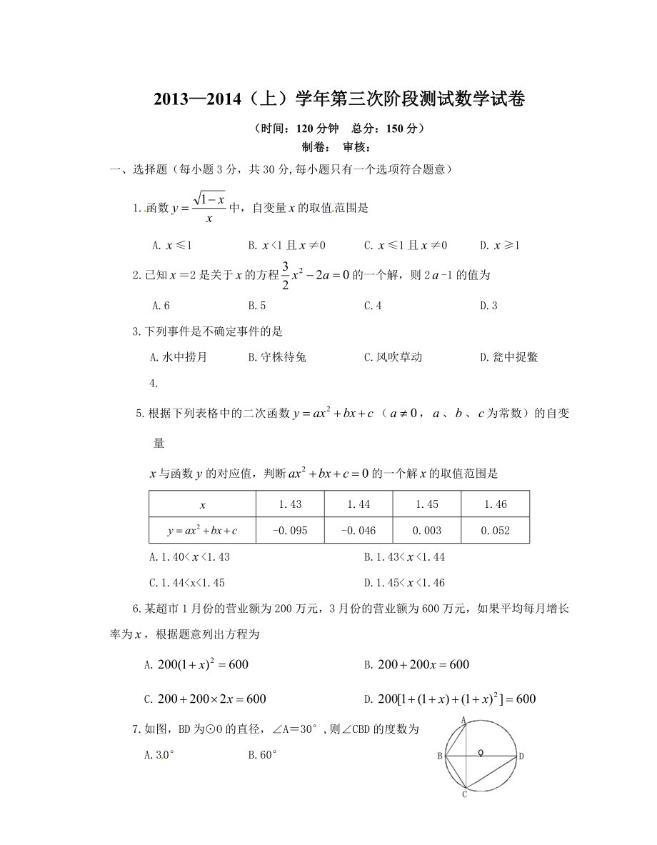 數(shù)學(xué)第三次月考試卷 (2)_第1頁(yè)