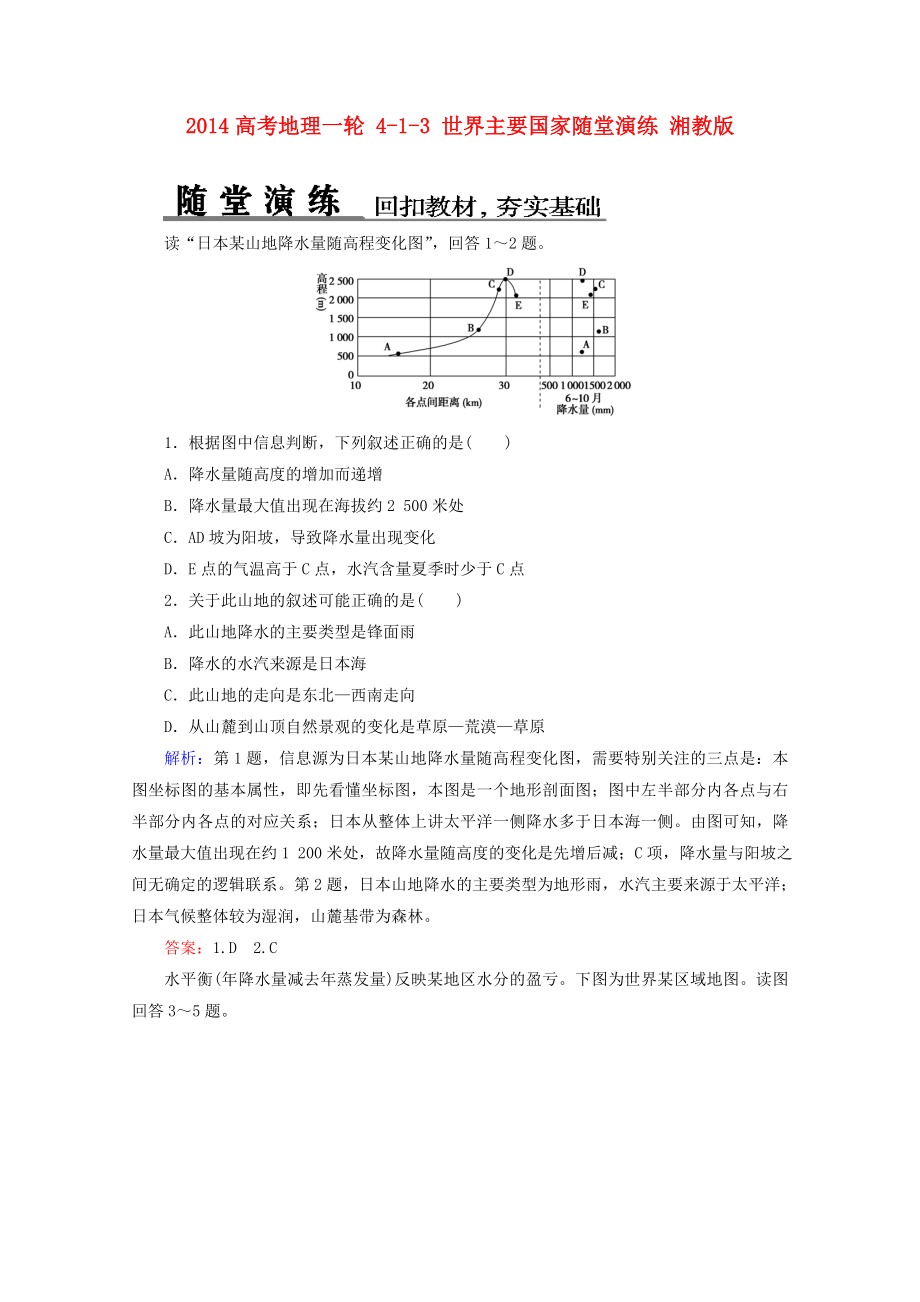 2014高考地理一輪 4-1-3 世界主要國(guó)家隨堂演練 湘教版_第1頁