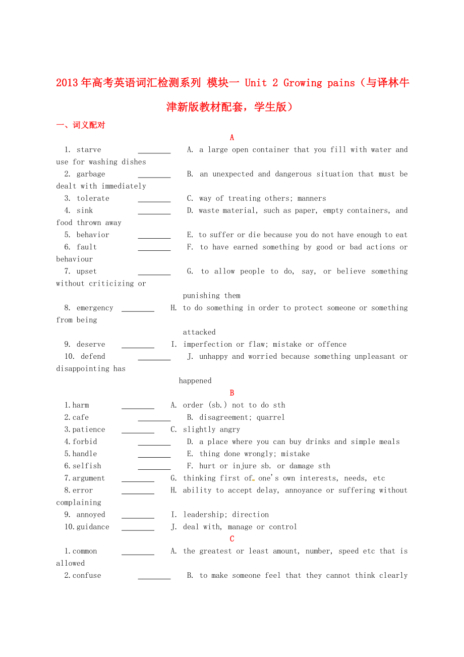 2013年高考英语 新教材配套词汇检测系列 模块一 Unit 2 Growing pains（学生版） 译林牛津版_第1页