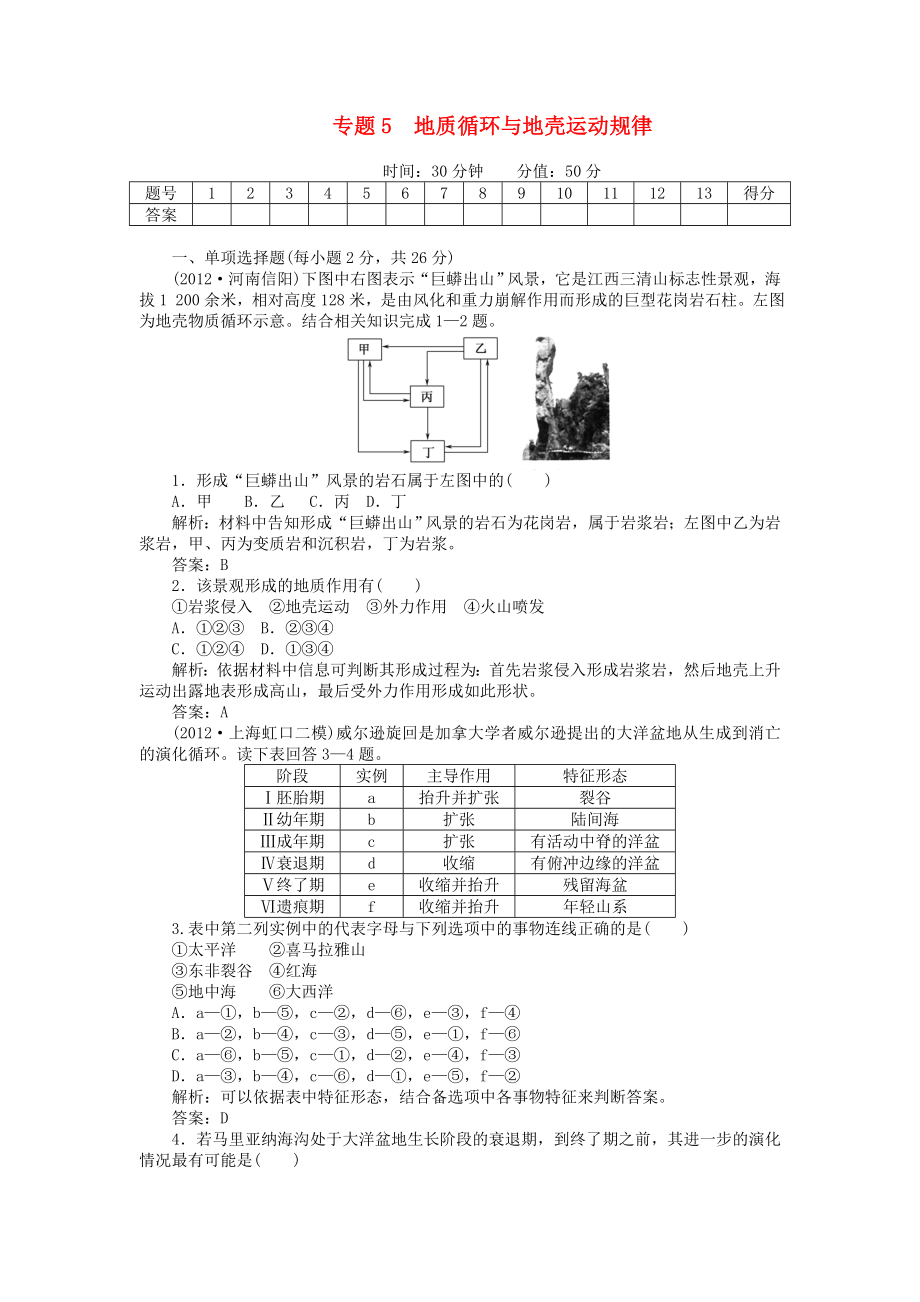 安徽省阜陽(yáng)市2013屆高三地理二輪測(cè)試 專題5 地質(zhì)循環(huán)與地殼運(yùn)動(dòng)規(guī)律_第1頁(yè)