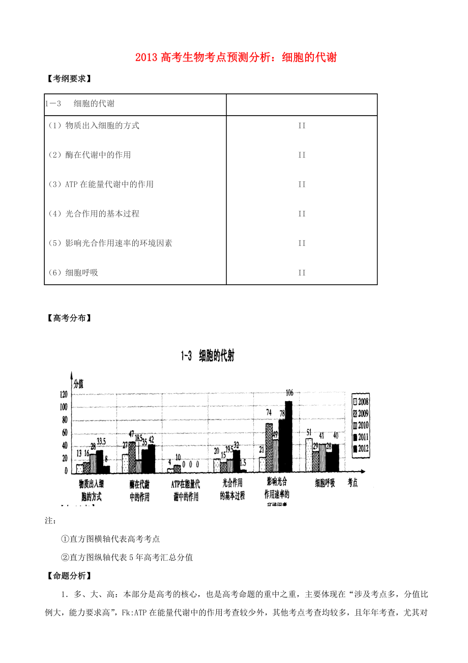 2013高考生物 考點預測分析 細胞的代謝（含解析）新人教版_第1頁