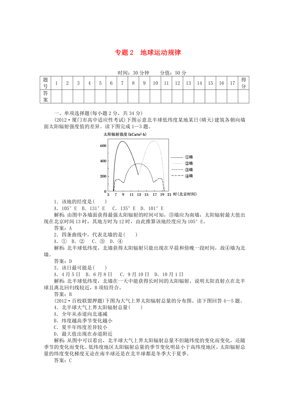 安徽省阜陽市2013屆高三地理二輪測試 專題2 地球運(yùn)動(dòng)規(guī)律_第1頁