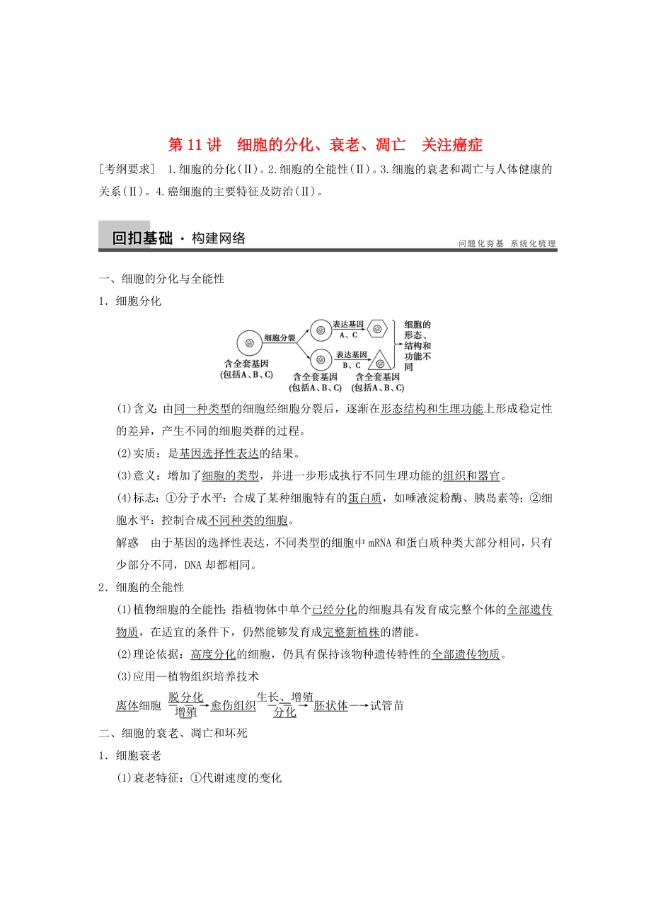 2014屆高三生物一輪復(fù)習(xí)精講精練 第11講 細(xì)胞的分化、衰老、凋亡 關(guān)注癌癥 蘇教版_第1頁