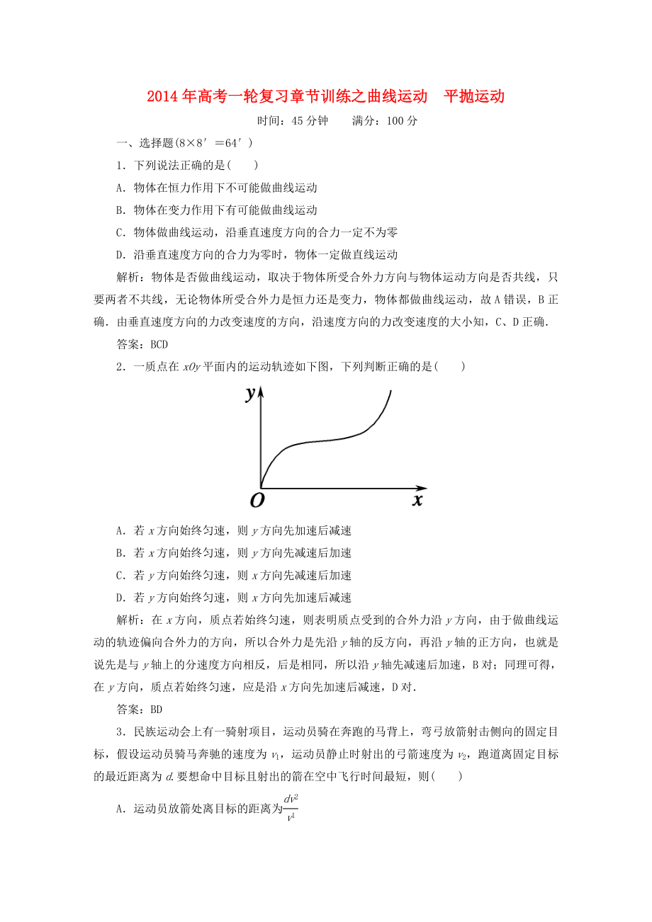 2014年高考物理一輪復(fù)習(xí) 章節(jié)訓(xùn)練 曲線運(yùn)動　平拋運(yùn)動_第1頁