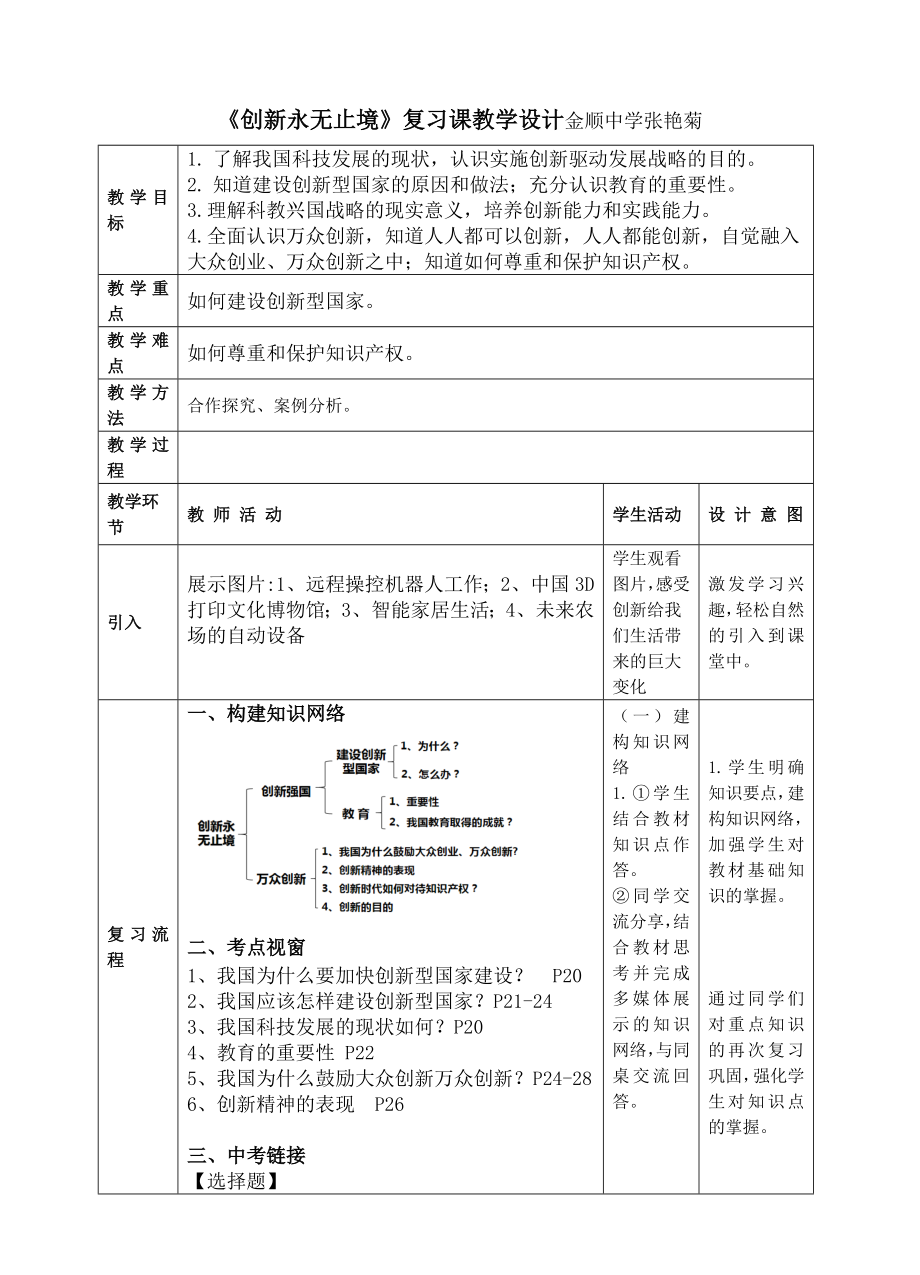 《創(chuàng)新永無止境》復(fù)習(xí)課教學(xué)設(shè)計(jì)金順中學(xué)張艷菊_第1頁