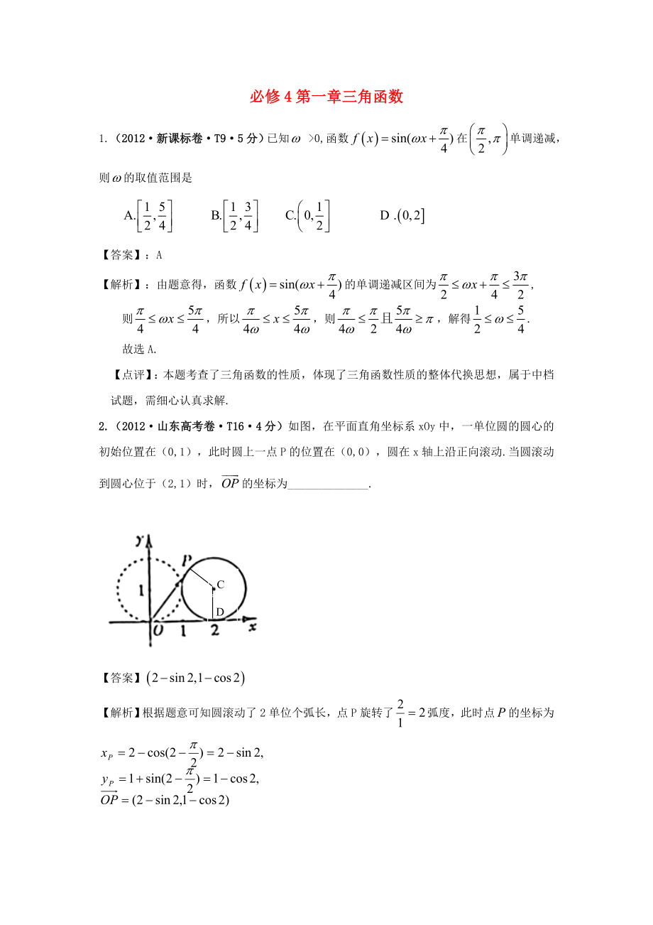 2011-2012年高考數(shù)學(xué) 真題分類(lèi)匯編 第一章三角函數(shù)（含解析）新人教版必修4_第1頁(yè)