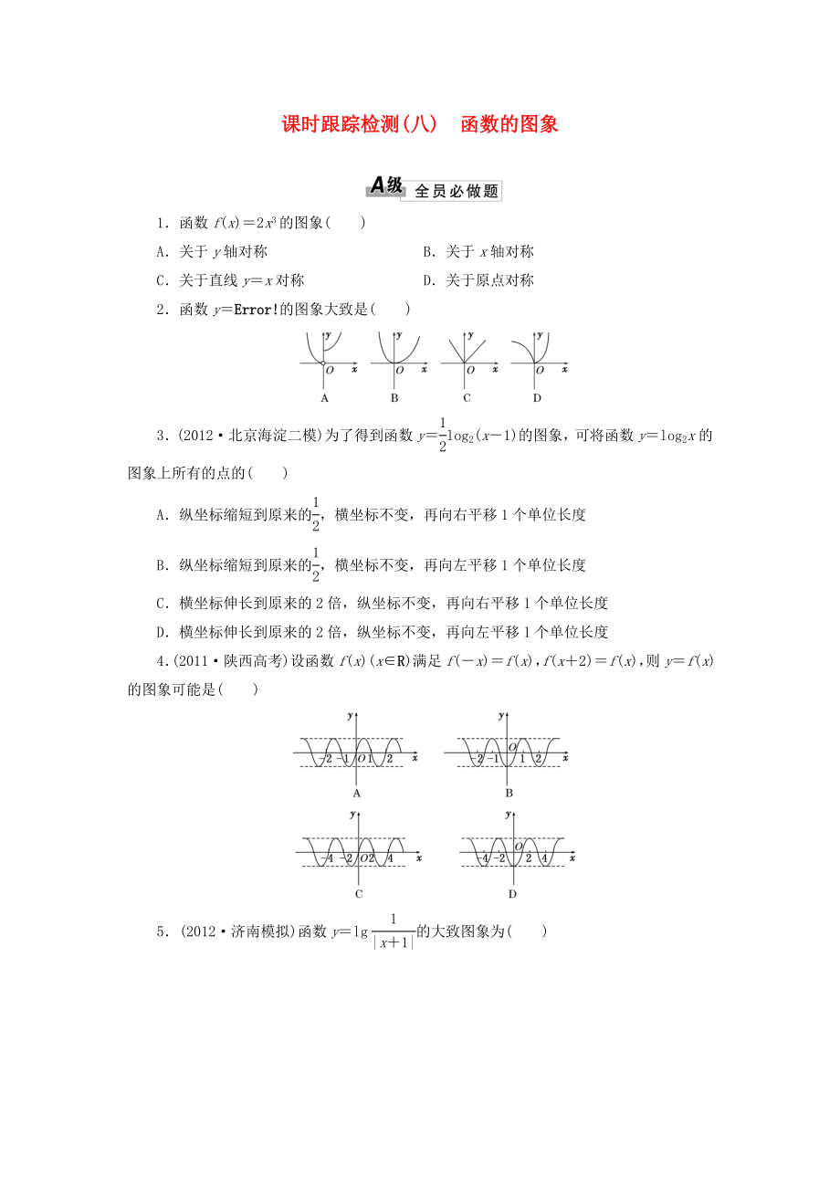 2014屆高考數(shù)學一輪 知識點各個擊破 第二章 課時跟蹤檢測（八）函數(shù)的圖象 文 新人教A版_第1頁