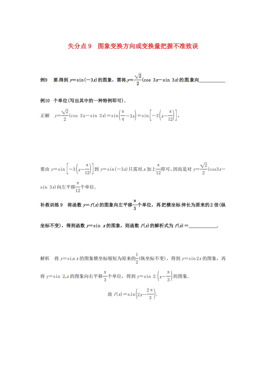 2013高考數(shù)學 易錯題 失分點+補救訓練 圖象變換方向或變換量_第1頁