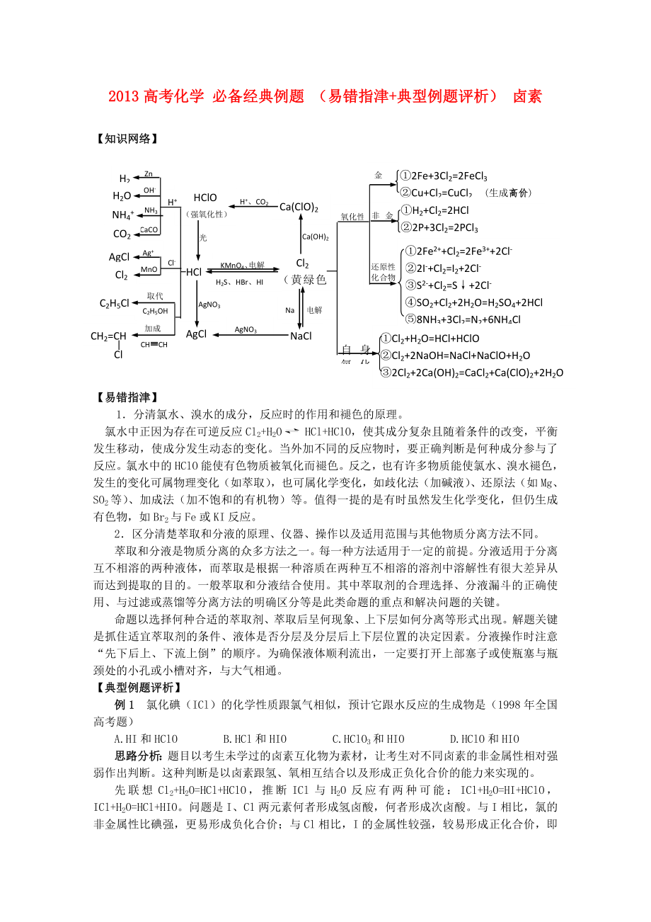 2013高考化學(xué) 必備經(jīng)典例題 （易錯(cuò)指津+典型例題評(píng)析） 鹵素_第1頁(yè)