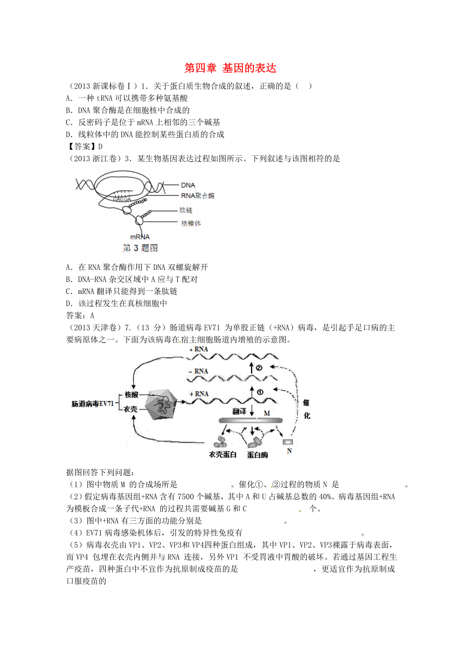 2013年高考生物真題試題分章匯編 遺傳和變異 第四章 基因的表達(dá) 新人教版必修2_第1頁(yè)